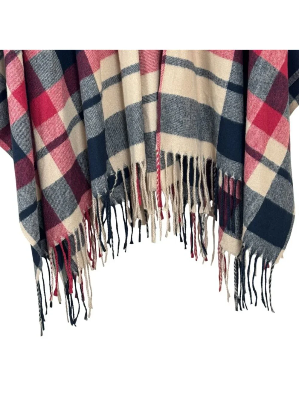Belle Kim Gravel Plaid Poncho Wrap One Size Beige Black Red Fringe Cozy Preppy